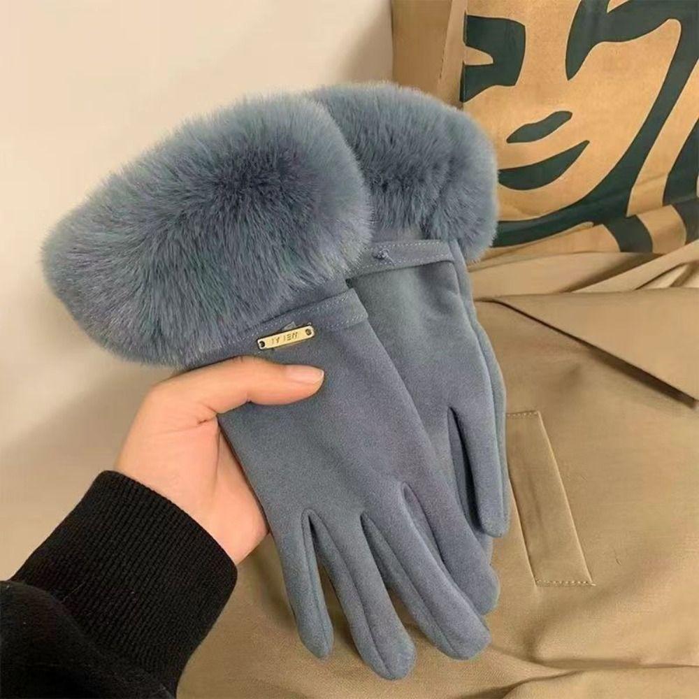 Solid Color Gloves Warm Full Finger Mittens Fashion Women Furry Gloves Female
