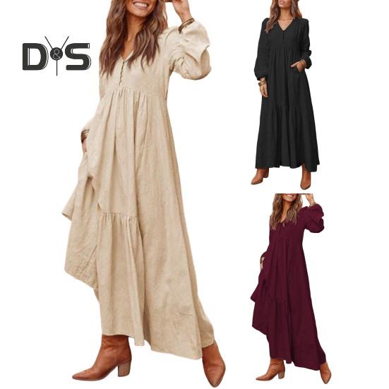 Женское повседневное платье макси с v-образным вырезом, свободное плиссированное платье трапециевидной формы, с длинными рукавами, хлопковое льняное платье в стиле ретро для работы, уличного отдыха