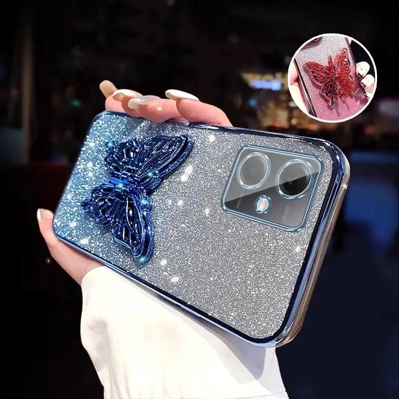 3D Держатель для телефона в виде бабочки, Хрустальный браслет, Блестящий чехол с покрытием для Xiaomi Redmi Note 12 Pro Plus 4G 5G, Задняя крышка