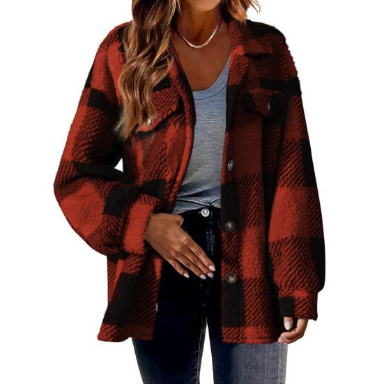 Fall Winter Women Jacket with Fake Pockets Contrast Color Plaid Print Plus Size