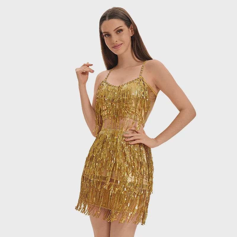 Sequined Tassel Latin Dance Dress for Women - Stage Performance Costume