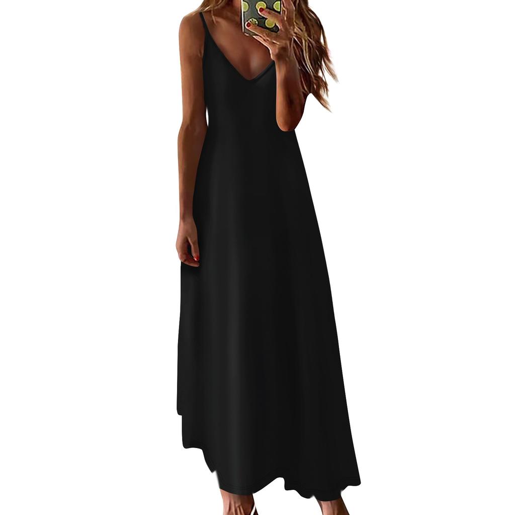 Женское летнее повседневное модное однотонное длинное платье без рукавов с V-образным вырезом, повседневные платья