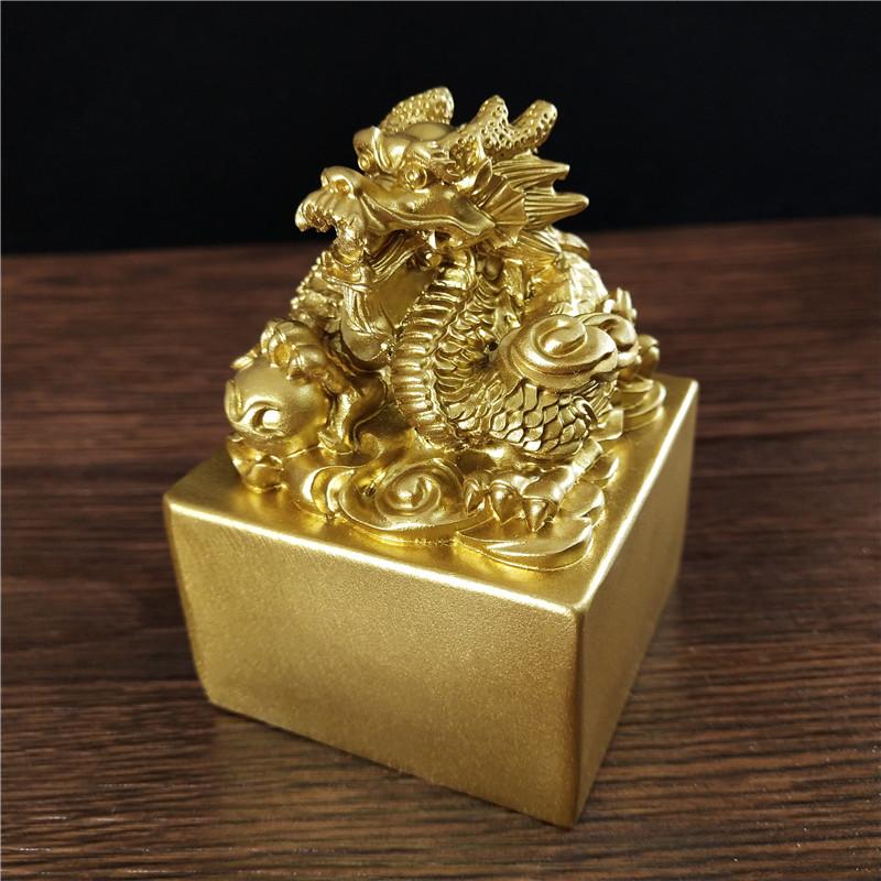 Golden Chinese Dragon Statues Figurine Big Imperial Jade Seal Resin Craft Feng Shui Year Zodiac Dragon Sculpture Home Decoration