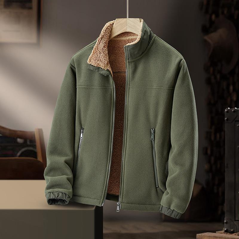 Autumn and Winter Fleece Jacket, Men's Solid Color Fleece, Standing Collar Fleece Jacket, Middle-aged and Elderly Jacket