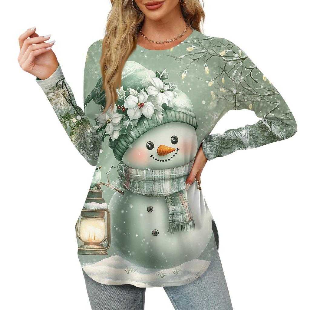 Womens Long Sleeve Round Neck Shirts Side Split Basic Loose Tunic Tops Christmas Print  Casual Shirts