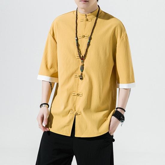 Мужская рубашка в китайском стиле, однотонный ледяной шелк, однобортный однобортный кардиган средней длины с короткими рукавами, топ, костюм Ханфу