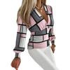 Women's Long Sleeve Top Deep V Neck Wrap Blouses Casual Striped Color Shirt
