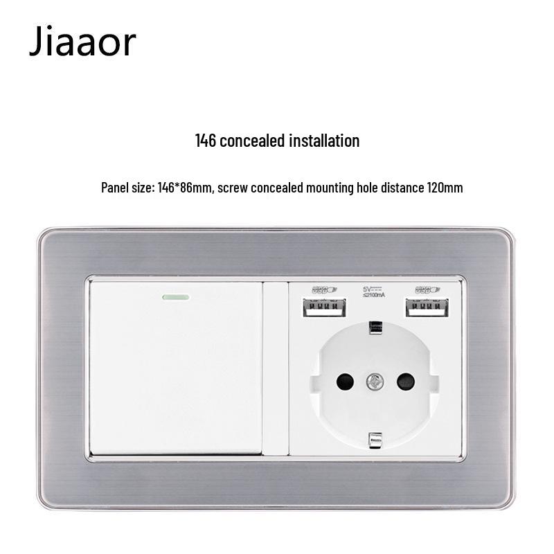 Европейский стандарт 86 тип Панель из нержавеющей стали для двойного выключателя и розетки с USB-C, Немецкий стиль, Встраиваемый настенный монтаж.
