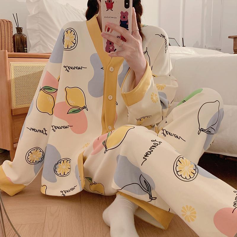 Пижамный комплект с принтом лимона весна-осень 2025 г., топ с длинными рукавами на пуговицах и брюки с эластичным поясом, комплект женской одежды для сна и отдыха