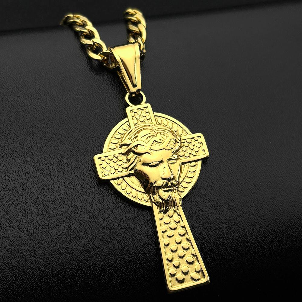 Christian Jesus Crown of Thorns Cross Necklace Stainless Steel Gold Color Hip Hop Chain Crucifix Medal Neckalces Jewelry Gift