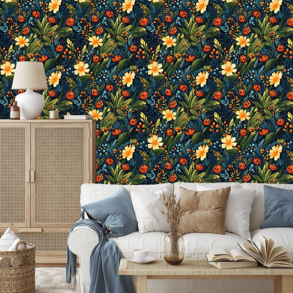 Ladybugs Wallpaper Navy Blue and Turquoise for Living Room and Bedroom 50x1000