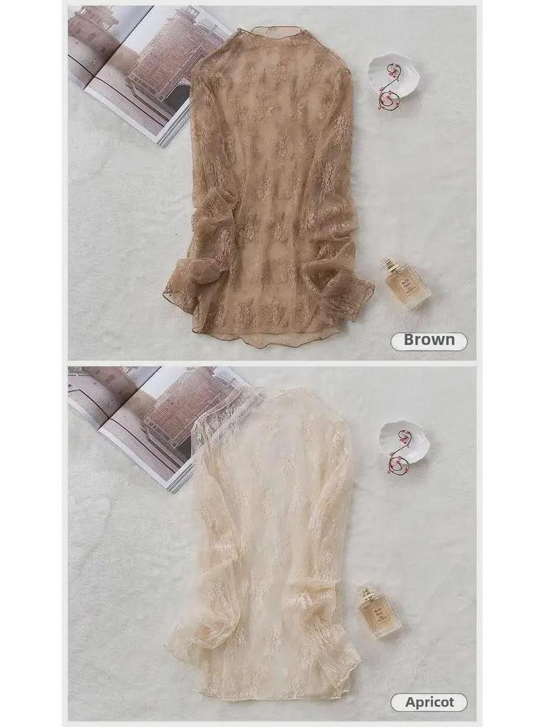 Блузка из кружевной сетки Four Seasons с полувысоким воротником и длинными рукавами, просвечивающая, в корейском стиле