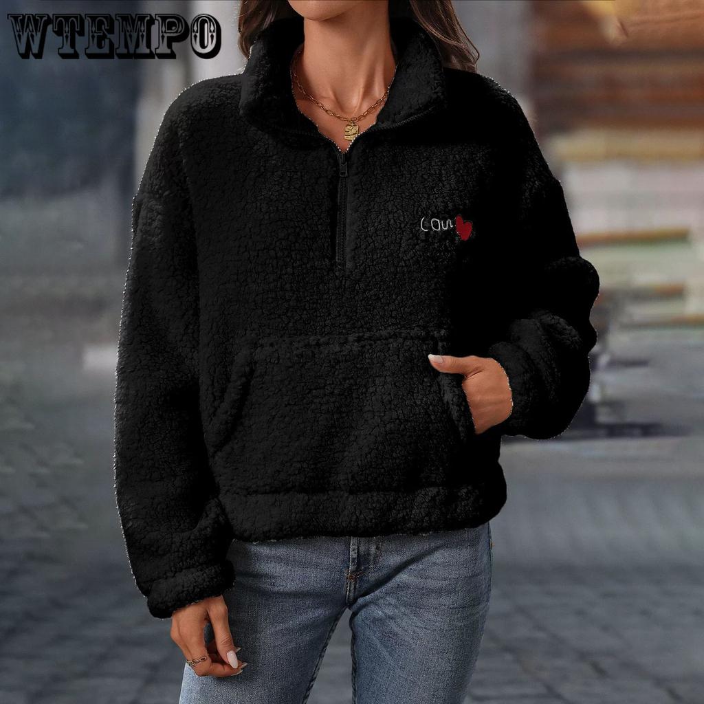 Осенне-зимняя женская плюшевая куртка с длинным рукавом, свободная, с полумолнией и воротником-стойкой, пуловер, толстовка