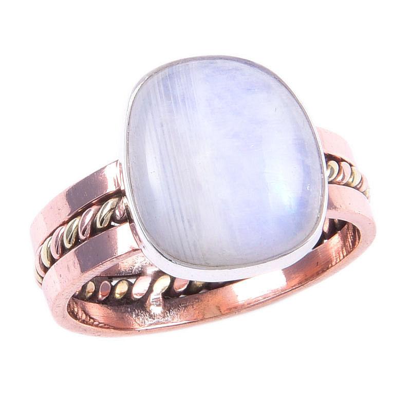 Драгоценный камень из натурального радужного лунного камня, двухцветное кольцо из стерлингового серебра 925 пробы, размер 9 T3Z21