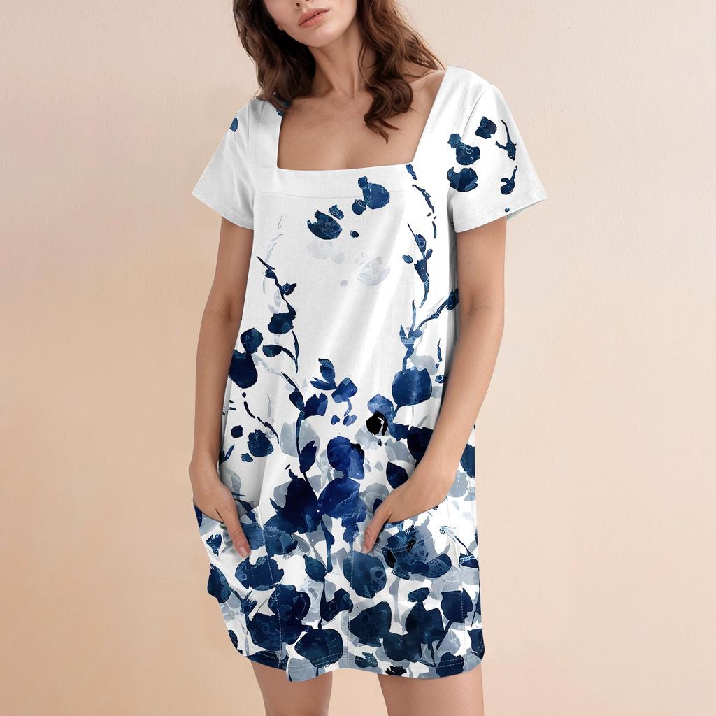 Женское модное повседневное платье с квадратным вырезом и коротким рукавом