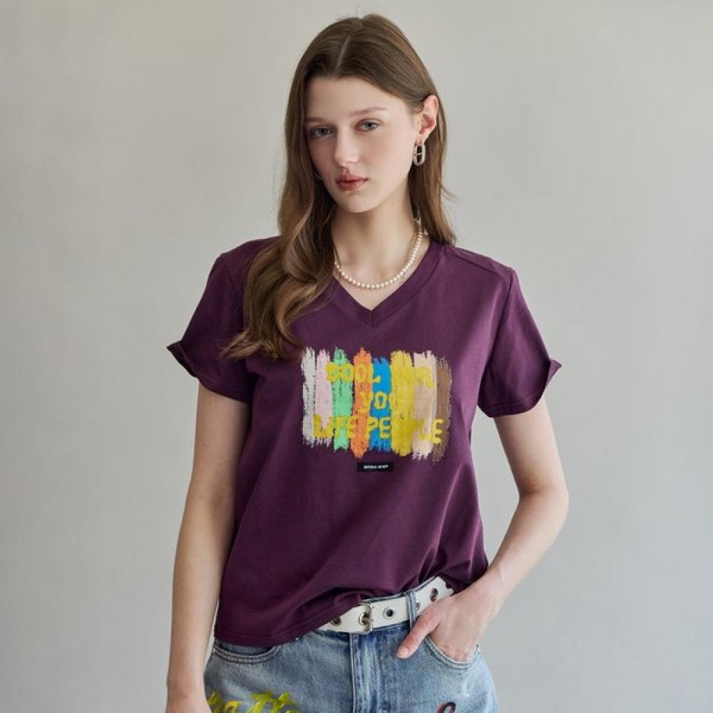 Maxza Color Brush LeTTering V Neck ShorT sleeVe T shirT zf06qT035na