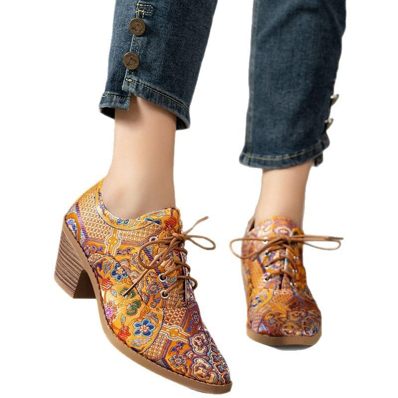 Женские осенние туфли-лодочки на высоком каблуке с острым носком на шнуровке больших размеров на толстом каблуке профессиональные туфли-лодочки