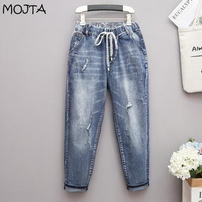 Женские облегающие джинсы с высокой талией, повседневные джинсовые шаровары с дырками, брюки большого размера, уличная одежда, укороченные брюки размера плюс