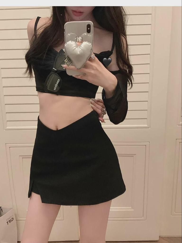 Women's Sexy High Waist Black A-Line Mini Skirt with Slit – Spring Collection