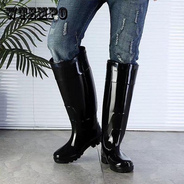 WTEMPO Износостойкие нескользящие мужские черные резиновые сапоги, высокие водонепроницаемые сапоги с резиновым каблуком, рабочие ботинки для кухни, мойки автомобилей