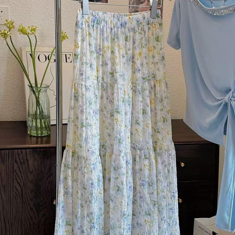 Нежная юбка с французским цветочным принтом, летняя новая маленькая свежая длинная юбка, утягивающая юбка с высокой талией, юбка-трапеция с принтом торта