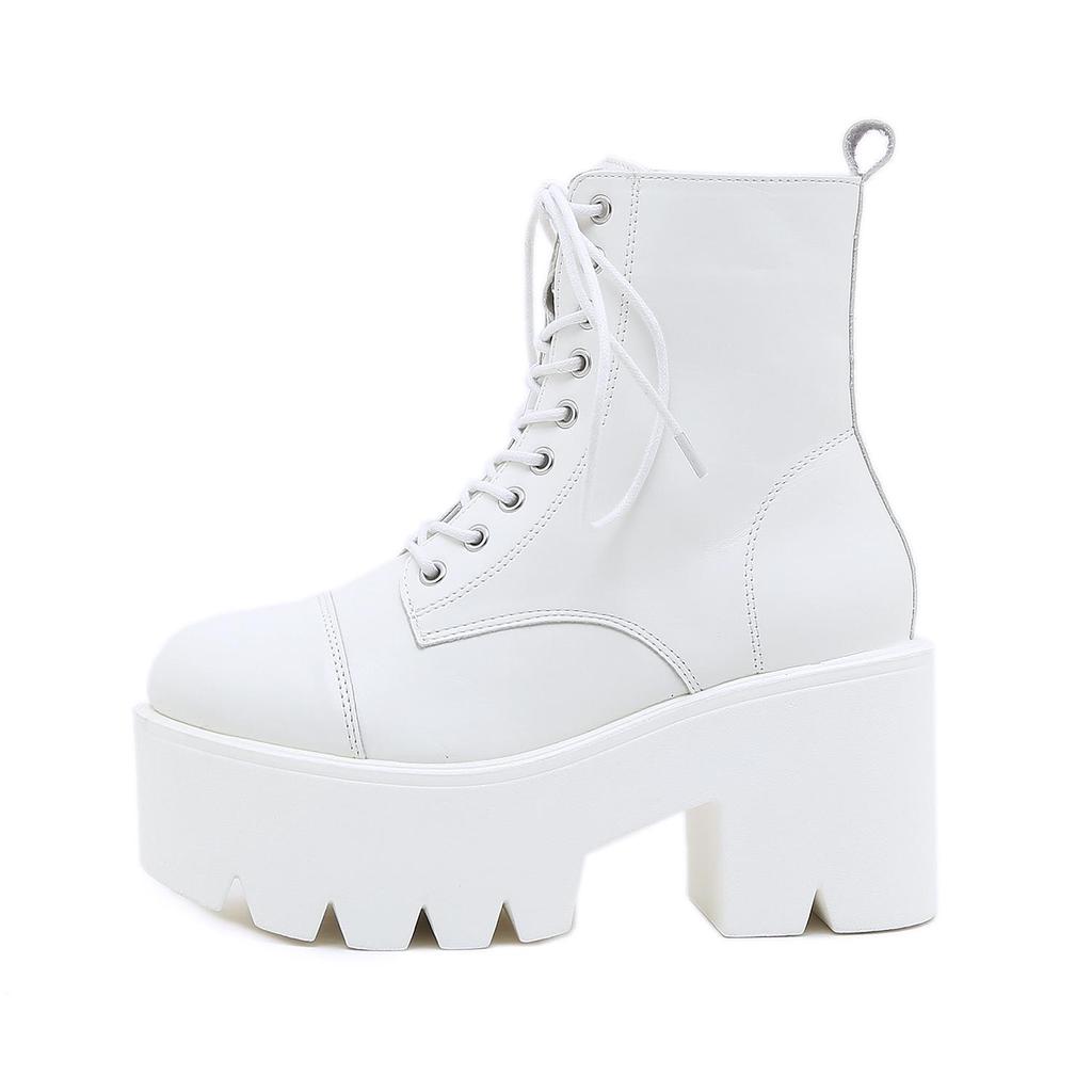 Ботинки на платформе и каблуке, белая модная обувь с перекрестной завязкой, женские ботильоны на каблуке с круглым носком, удобная обувь для студентов колледжа
