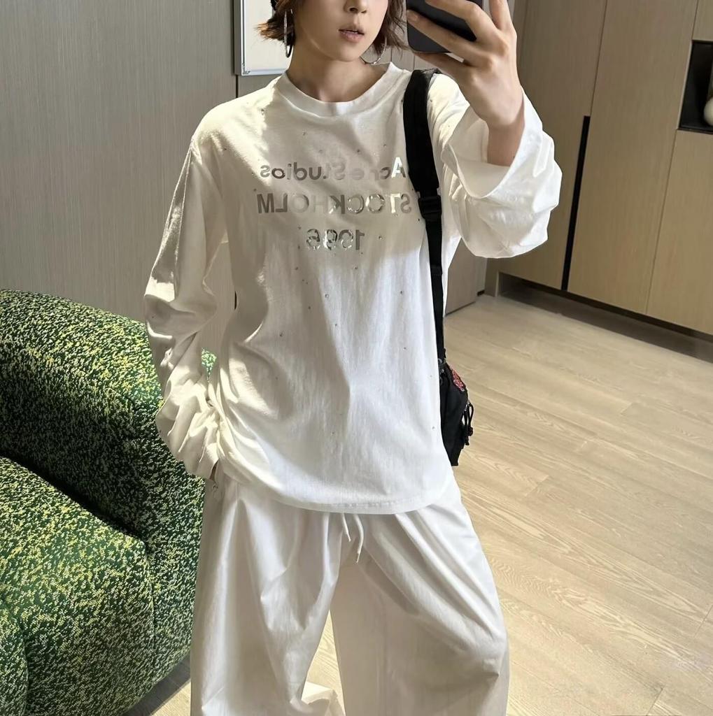 Женская футболка с длинным рукавом 1996 года с зеркальным принтом и стразами