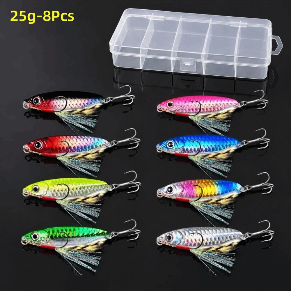8Pcs Set Sharp Hooks Metal Fishing Lure 3D Eyes Design Metal Jig Spoon  Saltwater Fishing