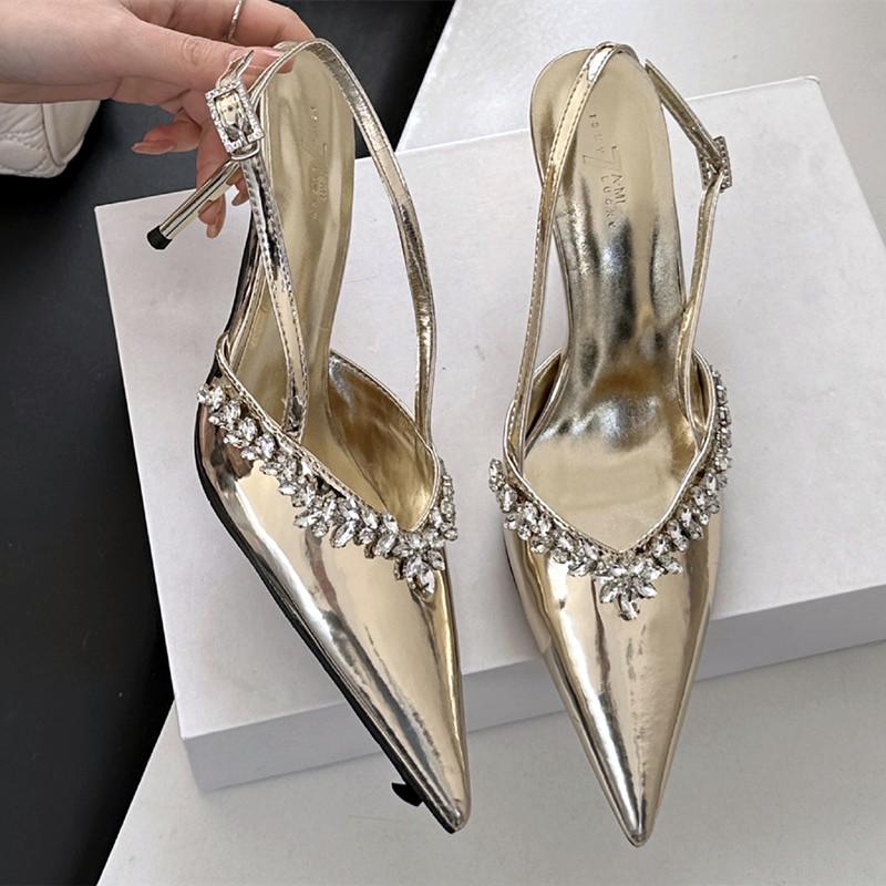 Модные Высококачественные Лакированные Кожаные Туфли-Лодочки со Стразами на Высоком Каблуке Женские Сексуальные с Острым Носком и Ремешком через Пятку Элегантные Банкетные Туфли для Платья