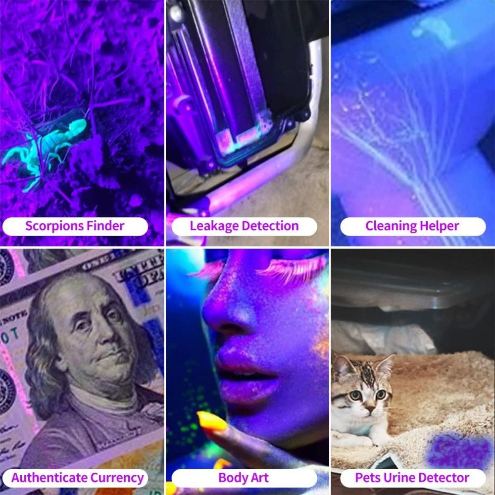 USB-аккумуляторный 365 нм УФ-фонарик, алюминиевый портативный ультрафиолетовый фонарь, черный свет, детектор мочи домашних животных, черные фонарики