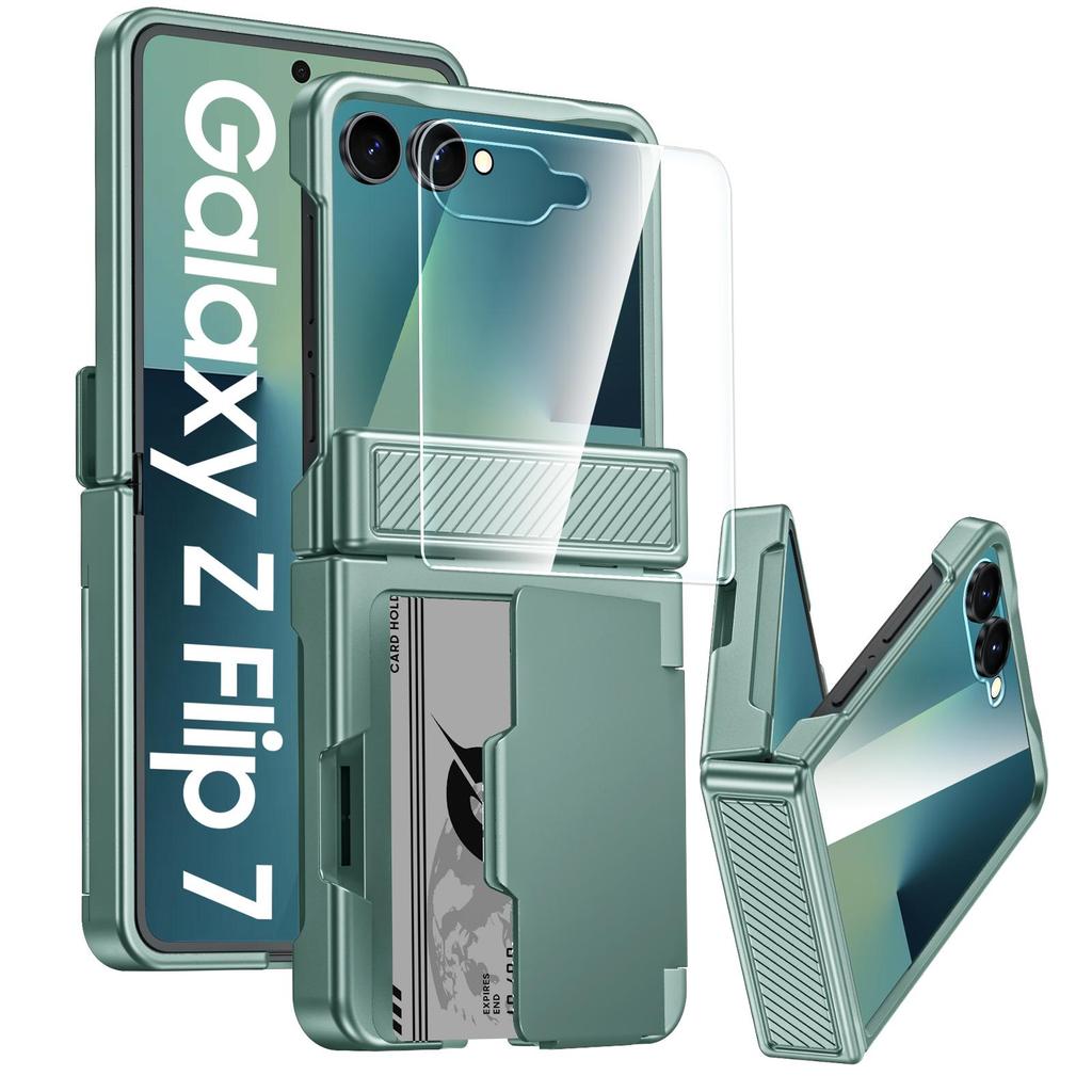 Для Samsung Galaxy Z Flip 7 с держателем для карт [RFID-блокировка] и защитой шарнира и HD-защитой экрана, Прочный противоударный чехол для телефона - Мятно-зеленый