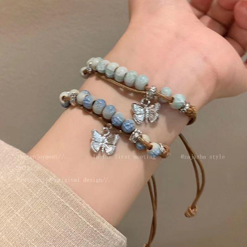 Chinese Butterfly Jingdezhen Ceramic Beaded Bracelet - Women's Retro Ethnic Style Hand Jewelry, Summer 2024