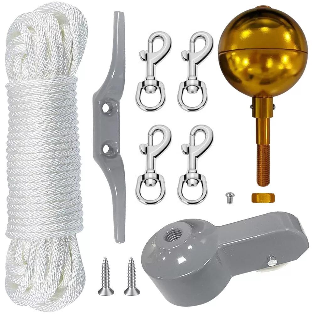 Nylon Braided Rope Flag Pole Tool Set 3 Inch Golden Ball Flag Pole Parts Repair Kit