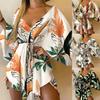 Asymmetrical Hem Elegent Beauty Lady Dress Tropical Print Sexy Women Dress Tie Front V Neck Mini Dress Beachwear