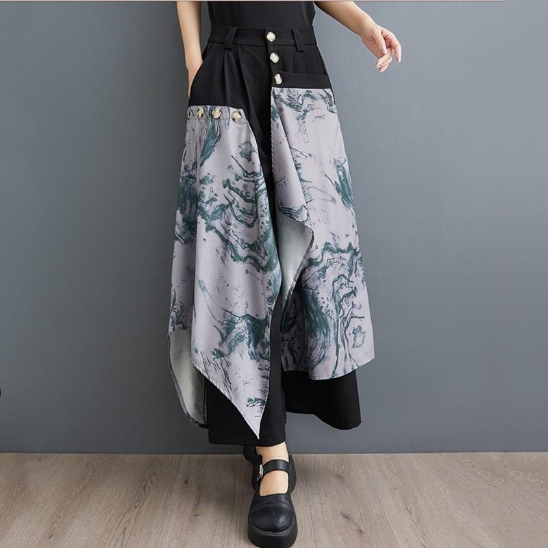 Большие размеры, винтажная цветочная высокая талия, повседневная свободная летняя широкая юбка, брюки, женские брюки