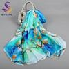 [BYSIFA] Blue 100% Silk Scarf Shawl Fashion Floral Design Long Scarves Women Summer Utralong Beach Shawl Winter Scarves180*110cm