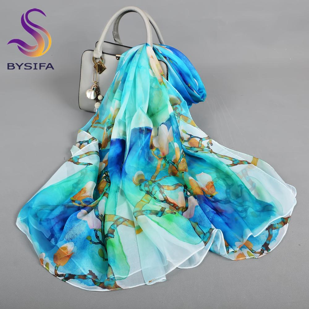 [BYSIFA] Blue 100% Silk Scarf Shawl New Floral Design Long Scarves Women Summer Utralong Beach Shawl Winter Scarves 180*110cm