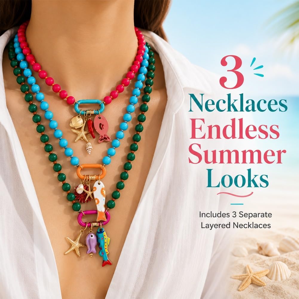 3pc Summer Layered Beaded Dopamine Necklace Set - Colorful Fish and Starfish Charms, Chunky Stack Layering Beach Style Multi-layer Resin Pendant