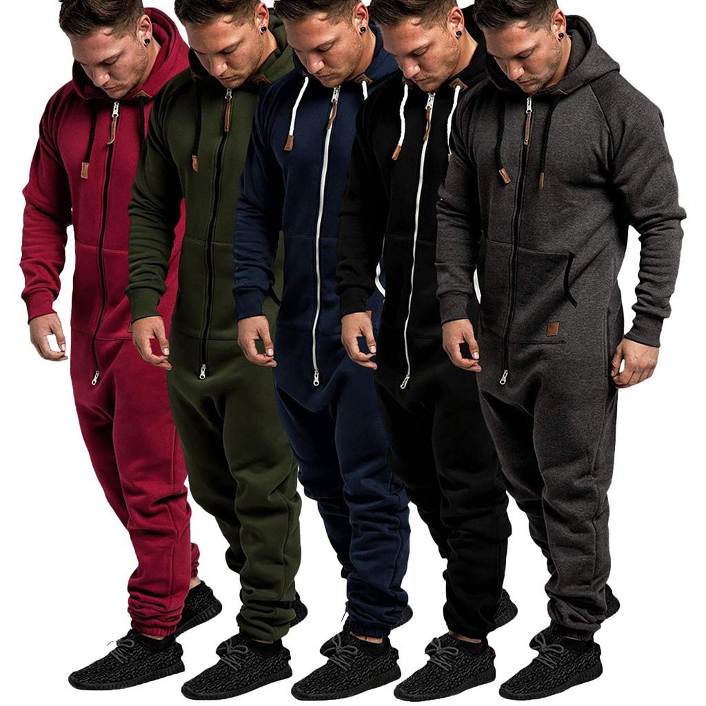 Men's Fall Hooded Fleece Jumpsuit Patchwork Solid Color Sports Jumpsuit