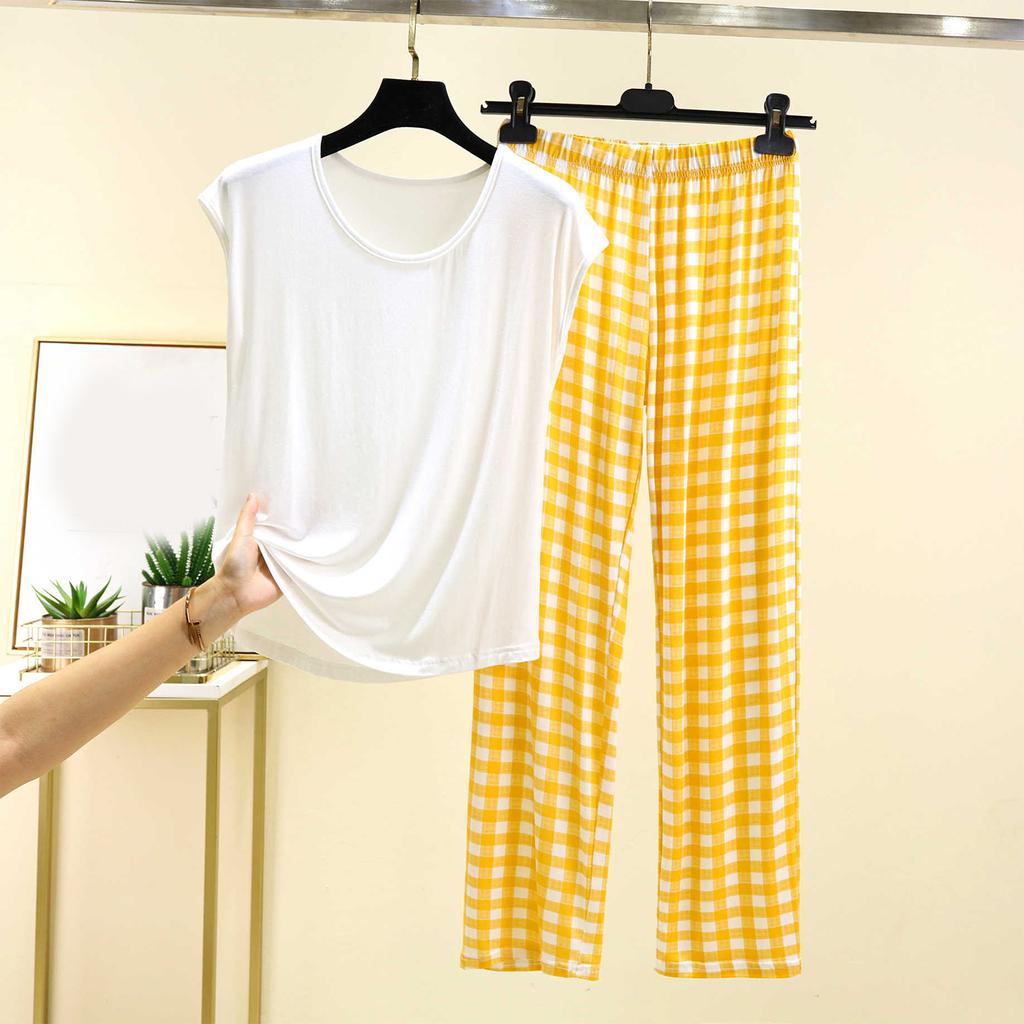 Женский повседневный и удобный топ с круглым вырезом однотонной расцветки и брюки с клетчатым принтом большого размера