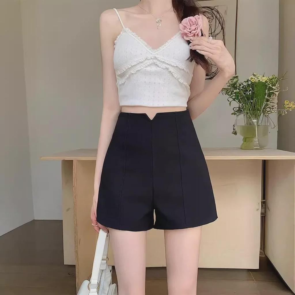 2024 Summer Women's High-Waist Black A-Line Shorts - Plus Size Slim Fit