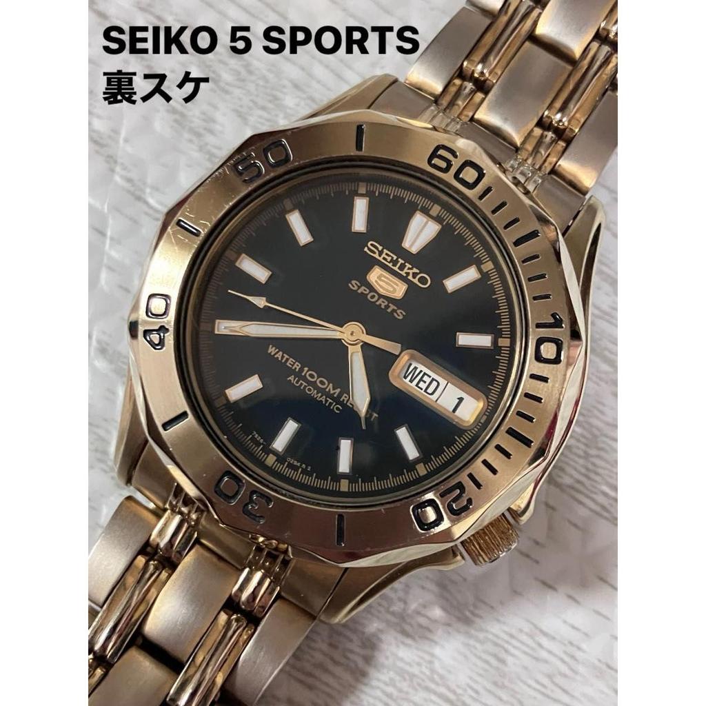 Б/у SEIKO 5 SPORTS (автоматический, прозрачная задняя крышка) в хорошем рабочем состоянии. (Ремешок стороннего производителя).