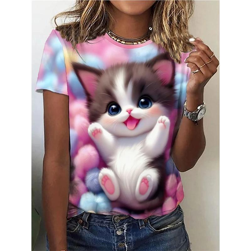 Funny Cat Pattern T Shirt For Women Clothing Cute Animal 3D Printed Short Sleeves Summer Oversized T-Shirts O-Neck Girl Tops Tees