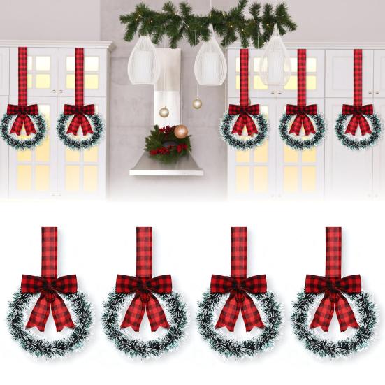 Mini Christmas Cabinet Wreaths 5.1 Inch Small Kitchen Xmas Decor with Red Ribbon Bow Plastic Rattan Fabric Window Door Office Holiday Decoration