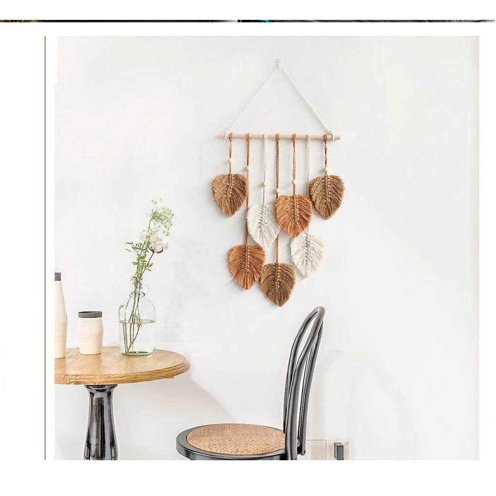 Гобелен в богемном стиле ручной работы из хлопчатобумажной веревки с листьями дерева – уникальный домашний декор для стен, подвеска для комнаты