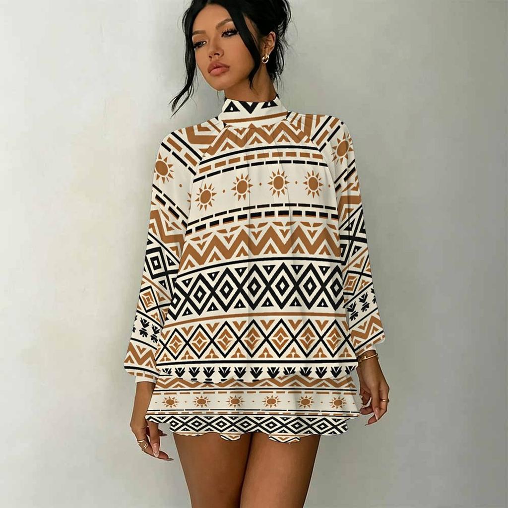Women's 3D Ink Wash Texture Print Mock Neck Long Sleeve Dress, Raglan Sleeve Fake Two Piece Mini Dress