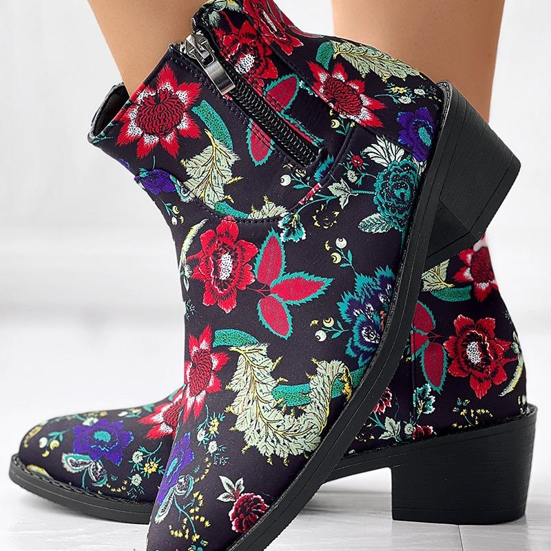 Женские винтажные ковбойские сапоги с принтом, осень-зима, новые ботильоны из искусственной кожи, женские ботильоны на толстом каблуке Chelsea Botines Mujer 202