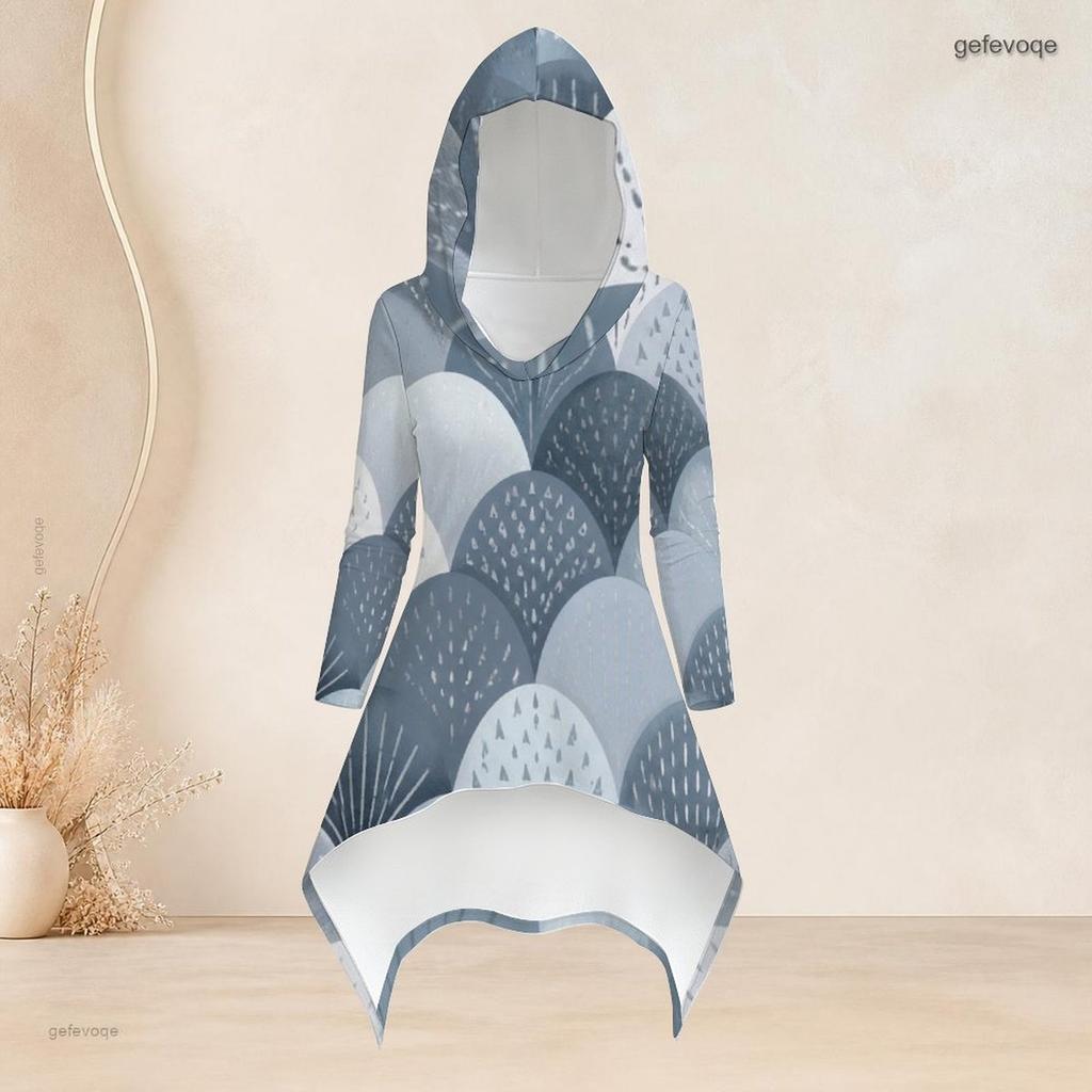 Women Plus Size Geometric Printed Two Piece Set Hooded Long Sleeve High Low Top Fitted Pants