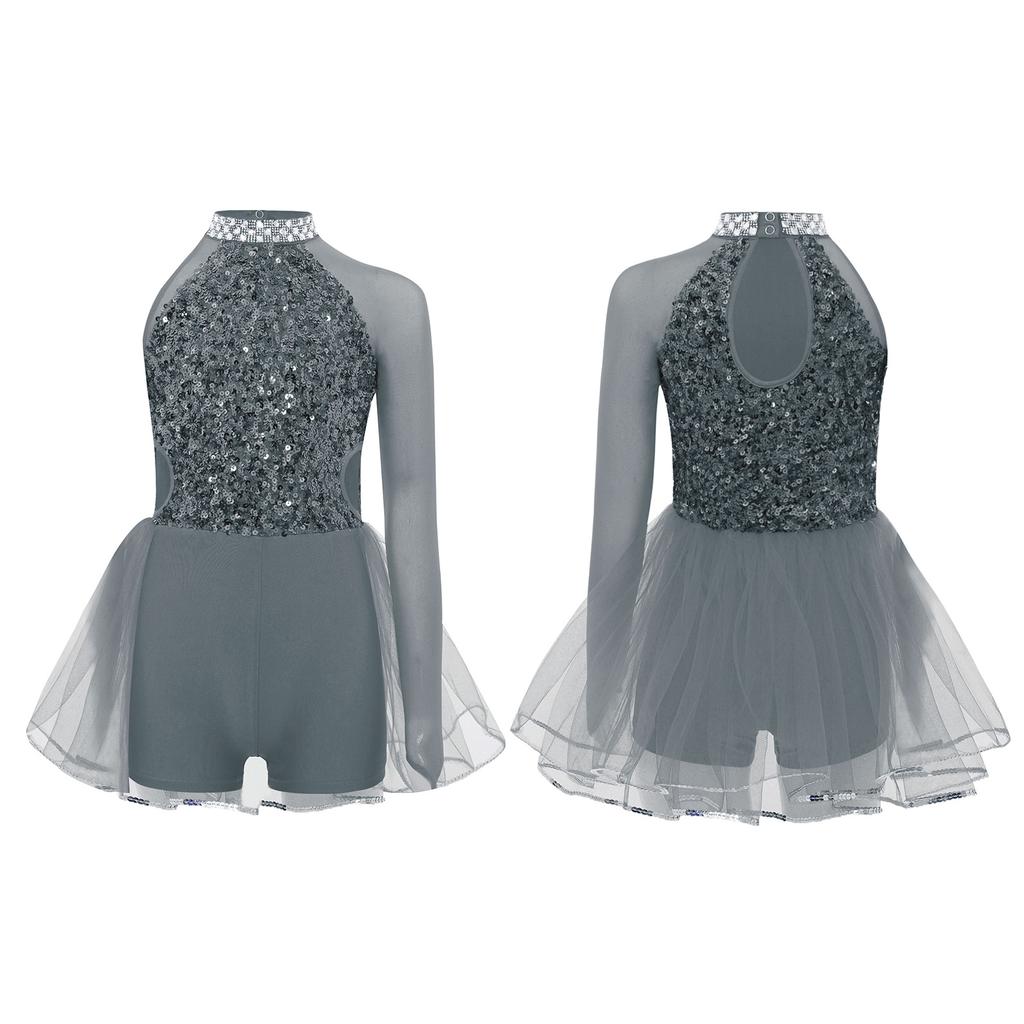 Костюм для танцевального выступления девочки Блестящий лиф с пайетками Трико с юбкой из тюля Вырез на талии Асимметричный комбинезон
