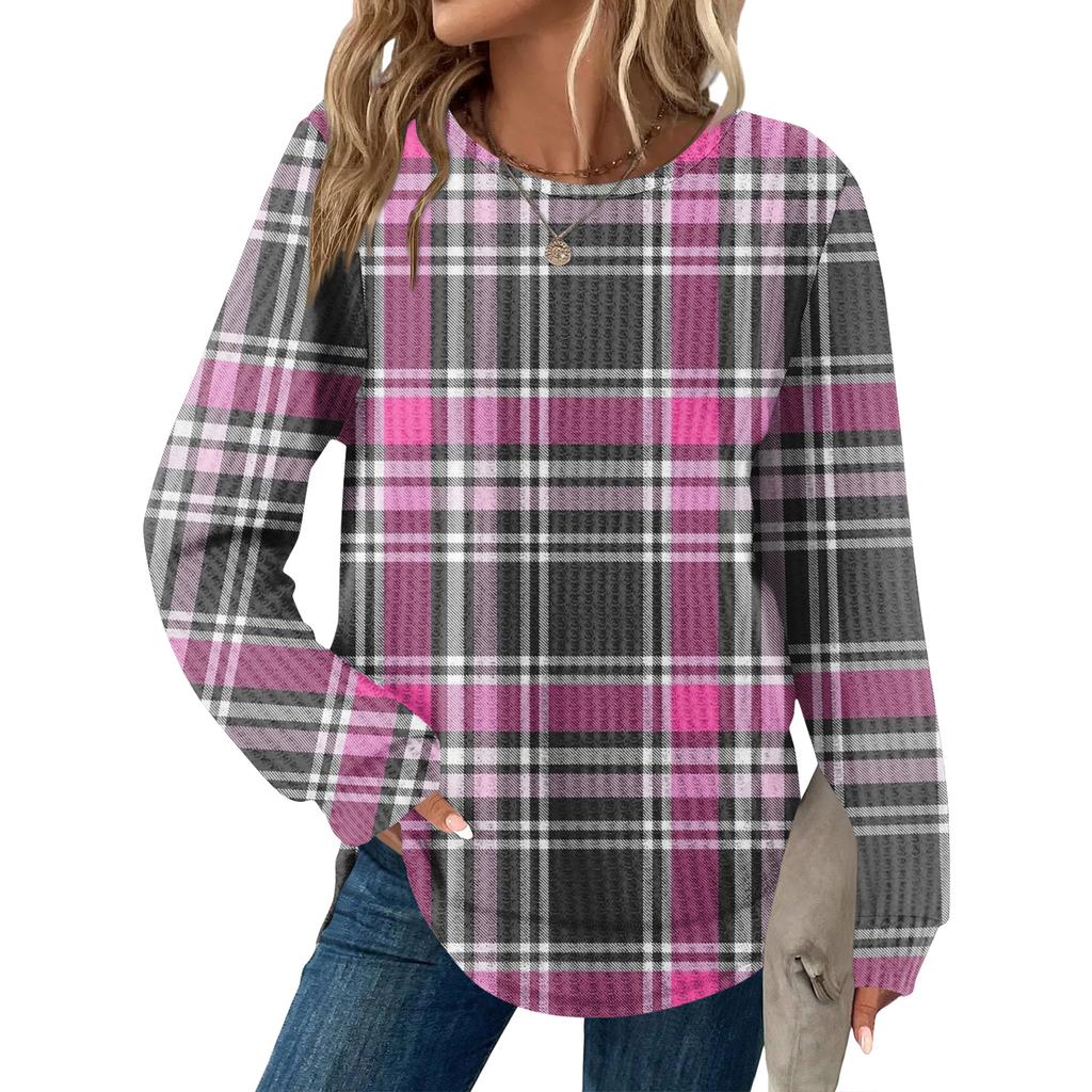 Женский повседневный топ свободного кроя с круглым вырезом и длинными рукавами в клетку